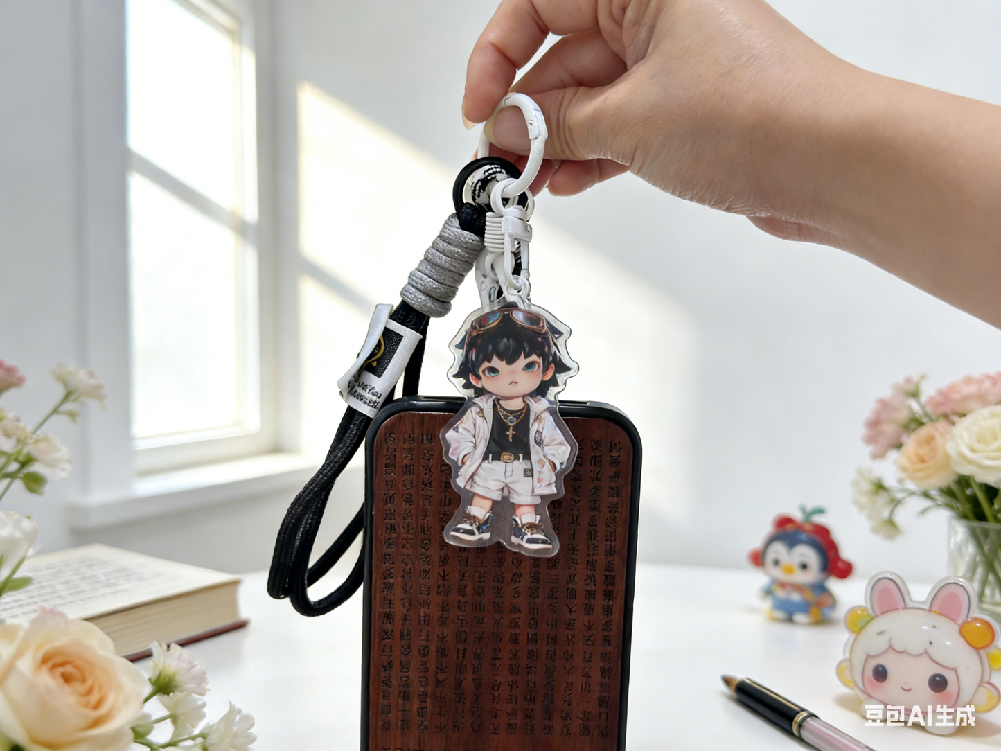 アクリル製キーホルダー付き携帯電話用クリップ