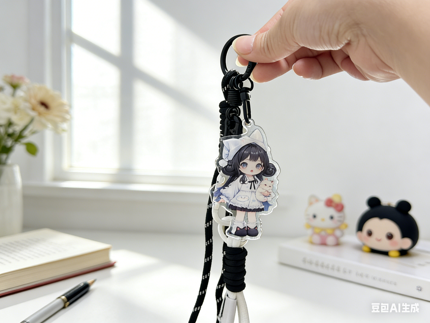 アクリル製キーホルダー付き携帯電話用クリップ